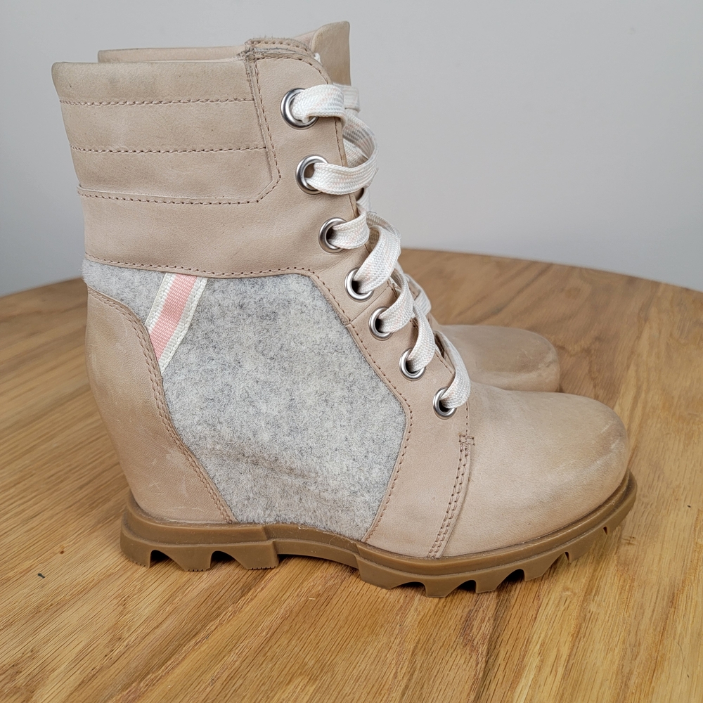 Sorel Beige and Gray Lace Up Wedge Boots